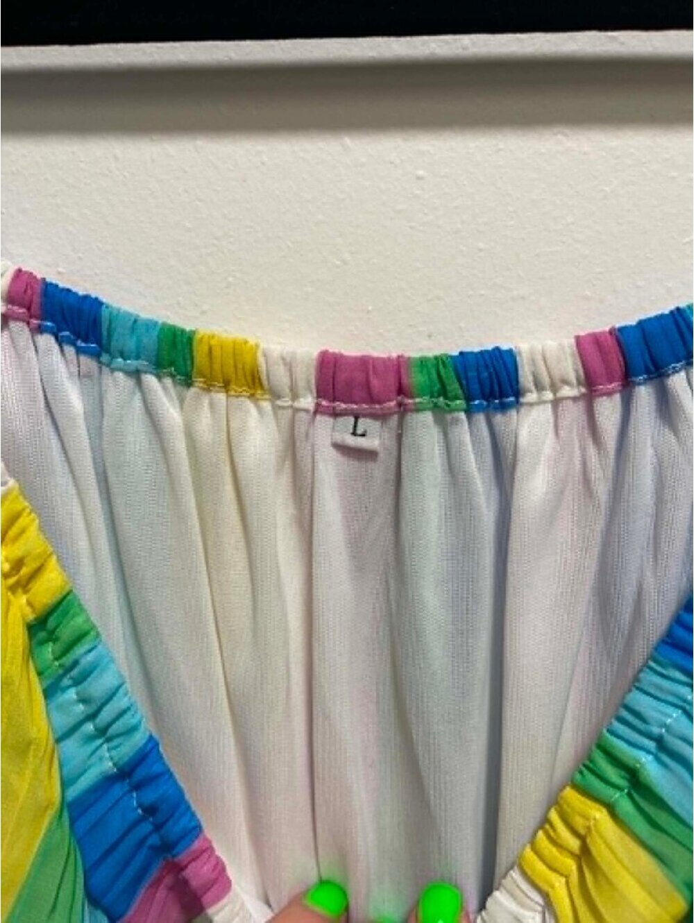 LIKE NEW Sz L Rainbow Stripe Off-Shoulder Tiered Ruffle Pleated Chiffon - Picture 5 of 7
